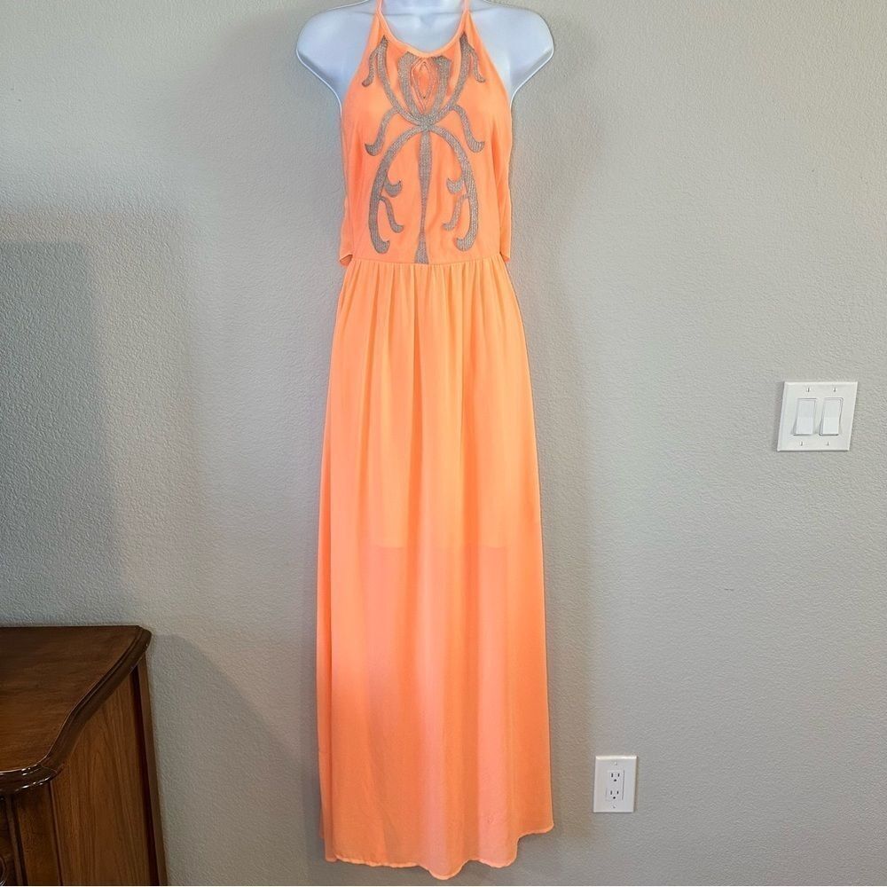 Peach Maxi Dress with Gold Embroidery